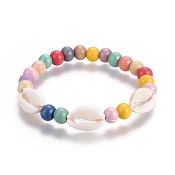 Stretch Bracelets, with Wood Beads and Shell Beads, Colorful, 2-1/8 inch(5.3cm)