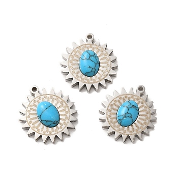 Synthetic Turquoise Pendants, Sun Charms, with 304 Stainless Steel Findings, Stainless Steel Color, 18.5x17x4mm, Hole: 1.2mm
