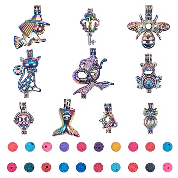 DIY Pendants Making, with Plated Alloy Bead Cage Pendants and Natural Lava Rock Beads, Mixed Shapes, Colorful, 7.4x7.2x1.7cm,