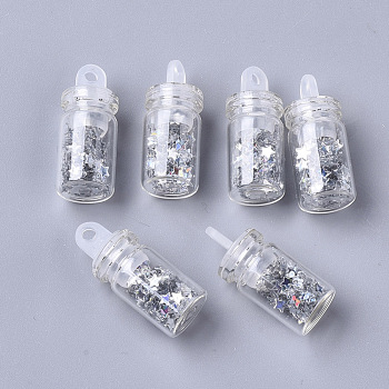 Glass Wishing Bottle Pendant Decorations, with Star Glitter Sequins/Paillette inside, with Plastic Plug, Silver, 24.5x10mm, Hole: 2mm