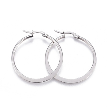 201 Stainless Steel Hoop Earrings, with 304 Stainless Steel Pin, Hypoallergenic Earrings, Flat Ring Shape, Stainless Steel Color, 56.5x54.5x2mm, Pin: 0.8mm