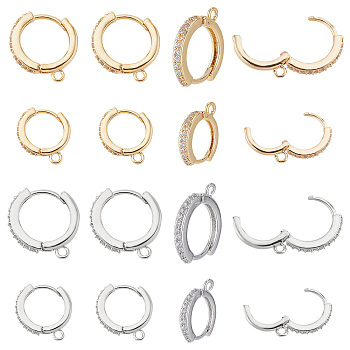 16Pcs 4 Style Brass Micro Pave Cubic Zirconia Huggie Hoop Earring Findings, Platinum & Golden, 13.5x12x2.5mm and 16x15x2mm, Hole: 1mm, Pin: 0.8~0.9mm, 4pcs/style