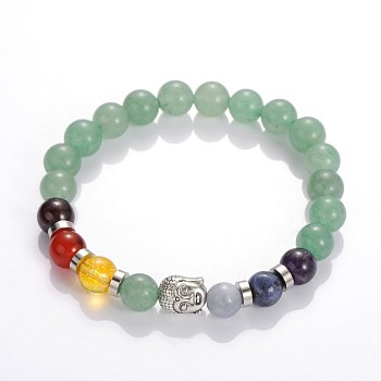 Buddha Head Gemstone Beaded Stretch Bracelets, with Tibetan Style Beads, Green Aventurine, 55mm