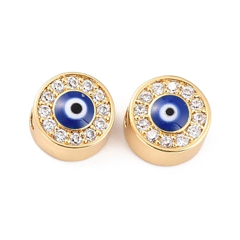 Brass Micro Pave Clear Cubic Zirconia Beads, with Enamel, Flat Round with Evil Eye, Real 18K Gold Plated, 9.5x5.5mm, Hole: 2.5mm