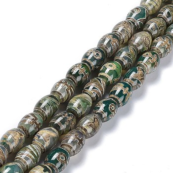 Tibetan Style dZi Beads Strands, Natural Agate Beads, Dyed & Heated, Oval, Human Pattern, 13~14x9.5~10mm, Hole: 1.2mm, about 25pcs/strand, 13.39''(34cm)