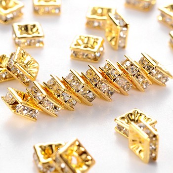 Brass Rhinestone Spacer Beads, Grade A, Square, Nickel Free, White, Golden Metal Color,Size: about 5mmx5mmx2.5mm, hole: 1mm