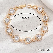 Brass Pave Clear Cubic Zirconia Heart Link Bracelets for Women, Golden(OZ7056-1)