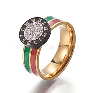 304 Stainless Steel Finger Rings, with Polymer Clay Rhinestone and Enamel, Flat Round with Roman Numerals, Gunmetal & Golden, Size 6~9, 16~19mm(RJEW-E158-14GB)