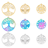 SUPERFINDINGS 18Pcs 9 Style 304 Stainless Steel Pendant,  Hollow Charms, Flat Round with Bee & Star & Tree of Life, Mixed Color, 27~38x25~35x1.4mm, Hole: 1.4~2mm, 2pcs/style(STAS-FH0001-77)