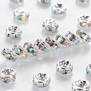 Brass Grade A Rhinestone Spacer Beads, Silver Color Plated, Nickel Free, Crystal AB, 4x2mm, Hole: 0.8mm(RSB034NF-02)