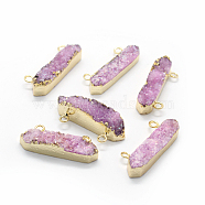 Natural Druzy Quartz Pendants, with Brass Findings, Rectangle, Golden, Pearl Pink, 11~13x32~34x6~14mm, Hole: 2mm(G-P396-04G-03)