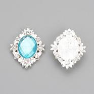 Alloy Rhinestone Flat Back Cabochons, with Acrylic Rhinestone, Oval, Silver Color Plated, Sky Blue, 32x25x4.5mm(RB-S061-A14)