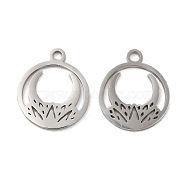 304 Stainless Steel Charms, Laser Cut, Ring with Lotus Moon Charm, Stainless Steel Color, 14.5x12x1mm, Hole: 1.6mm(STAS-J042-05P)