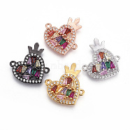 Brass Micro Pave Cubic Zirconia Links, Heart with Crown, Colorful, Mixed Color, 18x17x3mm, Hole: 1.2mm(ZIRC-F094-08)