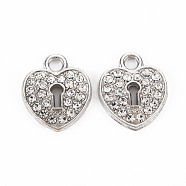 Alloy Pendants, with Crystal Rhinestone, Heart, Platinum, 18x15x2.5mm, Hole: 2.5mm(PALLOY-N153-18P-RS)