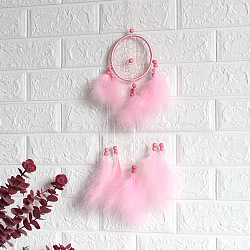 Polyester Woven Web/Net with Feather Wind Chime Pendant Decorations, with ABS Ring, Wood Bead, for Garden, Wedding, Lighting Ornament, Pearl Pink, 110mm(PW22111462793)