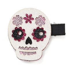 Hallowmas Party Hair Accessories, Glitter Wool Cloth Alligator Hair Clip, with Iron Clip, Skull, 45x49x12mm(PHAR-U001-01B)