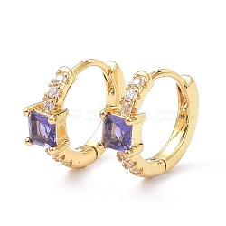 Brass Inlaid Cubic Zirconia Hoop Earrings, Real 18K Gold Plated, Square, Cadmium Free & Lead Free, Purple, 15x13x5mm, Pin: 1mm(ZIRC-P090-16G-E)