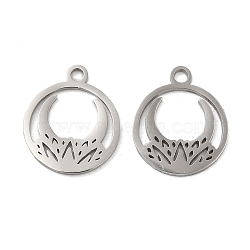 304 Stainless Steel Charms, Laser Cut, Ring with Lotus Moon Charm, Stainless Steel Color, 14.5x12x1mm, Hole: 1.6mm(STAS-J042-05P)