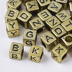Plated Acrylic Beads, Horizontal Hole, Cube with Random Initial Letter, Antique Golden, 6x6x6mm, Hole: 3.5mm, about 2500pcs/500g(MACR-S299-051B)