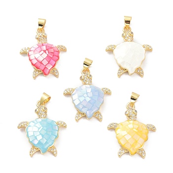 Real 18K Gold Plated Brass Micro Pave Clear Cubic Zirconia Pendants, with Shell filled in Enamel, Long-Lasting Plated, Turtle, Mixed Color, 26x21x5.5mm, Hole: 4x3.5mm