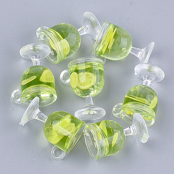 Resin Cup Pendants, with Polymer Clay, Wine Glass, Yellow Green, 18~18.5x15x12mm, Hole: 2.5mm