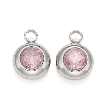 304 Stainless Steel Charms, Flat Round with Glass Rhinestone, Stainless Steel Color, Misty Rose, 14x10x6mm, Hole: 2.5mm