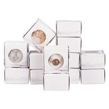 Folding Cardboard Paper Boxes with Round Visible Window, for Rings, Bracelet and Small Item Packaging, Rectangle with Marble Pattern, White, Finished Product: 4.3x4.15x0.25cm