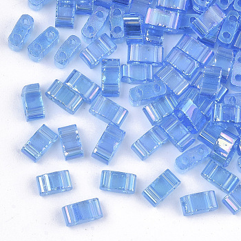 2-Hole Transparent Glass Seed Beads, AB Colours, Rectangle, Cornflower Blue, 4.5~5.5x2~2.5x2~2.5mm, Hole: 0.7mm