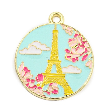 Alloy Enamel Pendants, Golden, Flat Round with Eiffel Tower Pattern, Gold, 27x22x1.5mm, Hole: 1.8mm