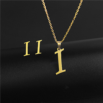 Golden Stainless Steel Initial Letter Jewelry Set, Stud Earrings & Pendant Necklaces, Letter I, No Size