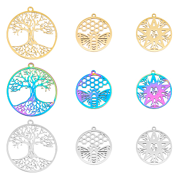 SUPERFINDINGS 18Pcs 9 Style 304 Stainless Steel Pendant,  Hollow Charms, Flat Round with Bee & Star & Tree of Life, Mixed Color, 27~38x25~35x1.4mm, Hole: 1.4~2mm, 2pcs/style