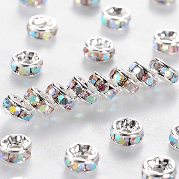 Brass Grade A Rhinestone Spacer Beads, Silver Color Plated, Nickel Free, Crystal AB, 4x2mm, Hole: 0.8mm