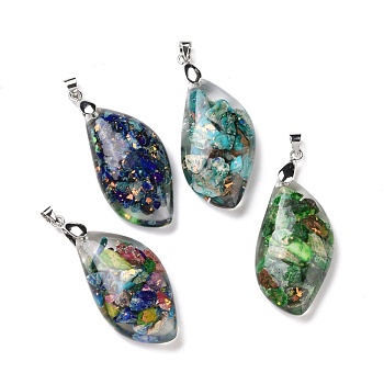 Transparent Resin Natural Imperial Jasper Dyed Chips Pendants, with Platinum Tone Brass Findings, Leaf Charm, Mixed Color, 34.5x18x8mm, Hole: 5x4mm
