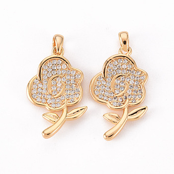 Brass Micro Pave Clear Cubic Zirconia Pendants, Nickel Free, Flower, Real 18K Gold Plated, 26x13x2mm, Hole: 2mm