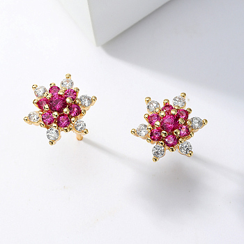 Brass Cubic Zirconia Snowflake Stud Earrings, Golden, 10mm