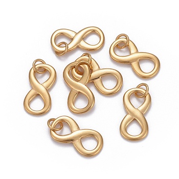 304 Stainless Steel Charms, with Jump Ring, Infinity, Golden, 20.5x10.5x2mm, Hole: 4mm