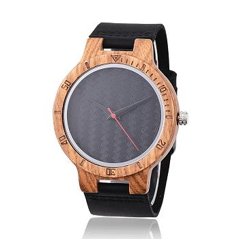 Wood Wristwatches, Men Electronic Watch, with Leather Watchbands and Alloy Finding, Black, 260x23x2mm