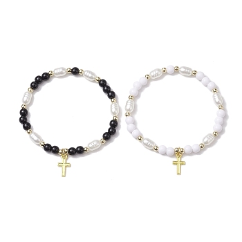 2Pcs 2 Colors Round Acrylic & Imitation Pearl Beaded Stretch Bracelets, Cross Alloy Charm Stackable Bracelets for Women, Mixed Color, Inner Diameter: 2-3/8 inch(6cm), 1pc/color