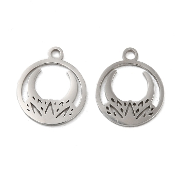 304 Stainless Steel Charms, Laser Cut, Ring with Lotus Moon Charm, Stainless Steel Color, 14.5x12x1mm, Hole: 1.6mm