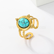Real 18K Gold Plated Stainless Steel Open Cuff Rings, with Synthetic Turquoise, Oval, no size(XN6423-3)