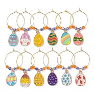 Easter Egg Alloy Enamel Wine Glass Charms, with Glass Bead and Brass Wine Glass Charm Rings, Mixed Color, 55mm, 12pcs/set(AJEW-JO00204-01)
