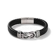 Men's Braided Black PU Leather Cord Bracelets, Knot 304 Stainless Steel Link Bracelets with Magnetic Clasps, Antique Silver, 8-3/4 inch(22.1cm)(BJEW-K243-19AS)