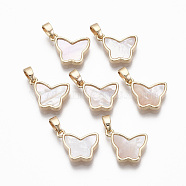 Brass Charms, with Freshwater Shell, Nickel Free, Real 18k Gold Plated, Butterfly, Seashell Color, 10.5x14x3mm, Hole: 2x4mm(KK-R134-033-NF)