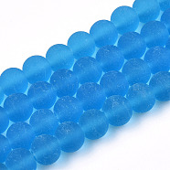 Transparent Glass Beads Strands, Frosted, Round, Deep Sky Blue, 8~8.5mm, Hole: 1.5mm, about 51~53pcs/strand, 14.96 inch~15.55 inch(38~39.7cm)(GLAA-T032-T8mm-MD06)