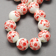 Handmade Printed Porcelain Beads, Round, Red, 12mm, Hole: 2mm(X-PORC-Q202-12mm-1)