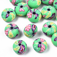 Handmade Polymer Clay Beads, Rondelle with Flower, Medium Spring Green, 9x6mm, Hole: 1.6mm(CLAY-S092-74)