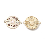 Alloy Enamel Connector Charms, with Crystal Rhinestone, Nickel, Flat Round Links with Word, Light Gold, 21x27x3.5mm, Hole: 1.8mm(FIND-H039-50KCG)