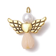 Resin Imitation Pearl Pendants, Rose Angel Charms with Antique Golden Plated Alloy Heart Wings, Beige, 23.5~24x22x6.5mm, Hole: 1.8~2.2mm(PALLOY-JF02565-10)