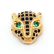 Brass Micro Pave Black & Green Cubic Zirconia, DIY Accessories for Jewelry Making, Leopard Head, Golden, 11x11x6mm, Hole: 1mm(KK-TAC0007-01D)
